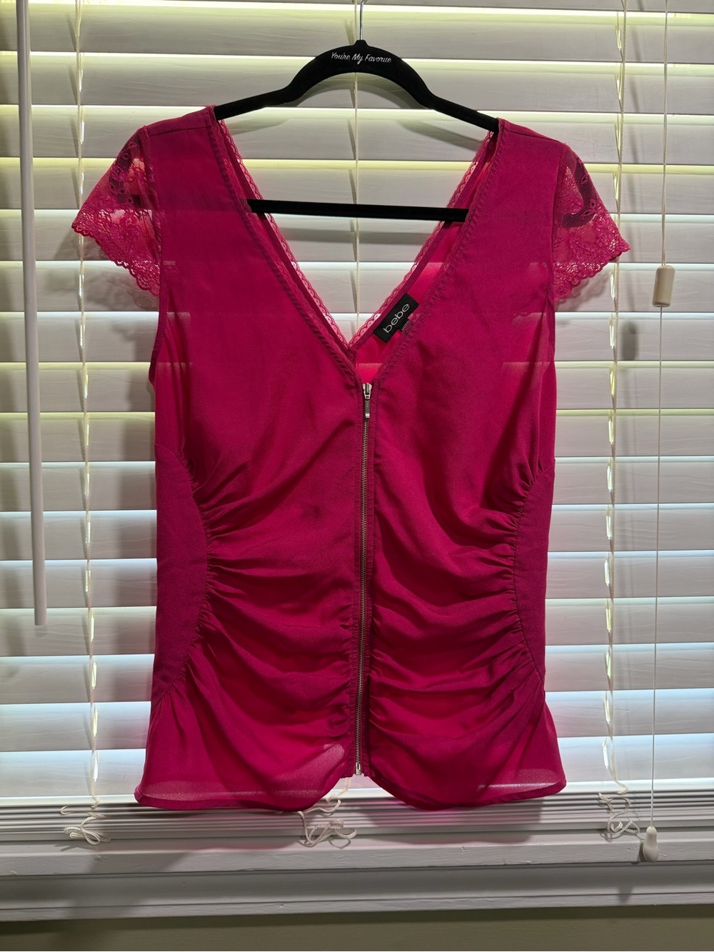 bebe Hot Pink Lace-Trim Zip Front Top